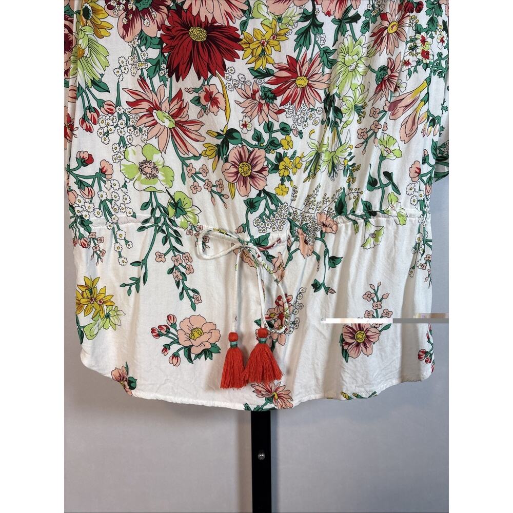 Anthropologie Floral Drawstring Blouse Womens XS Colorful Tassel Boho Peasant - Picture 3 of 9